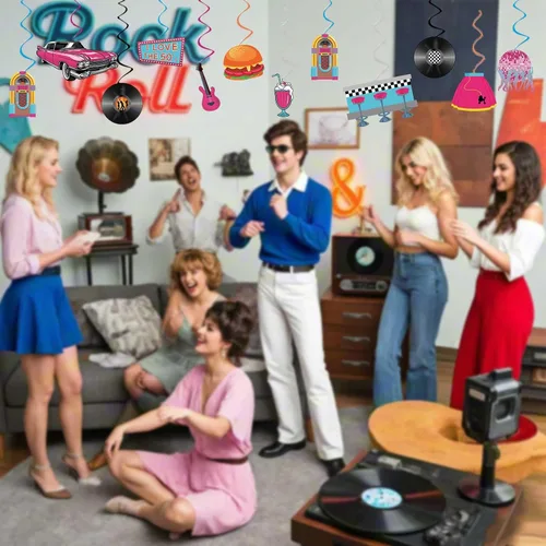 Miniatura 5 de Decoraciones para fiestas de los años 50, retro de los años 50, remolinos colgantes de música rock and roll, ensamblados y listos para usar