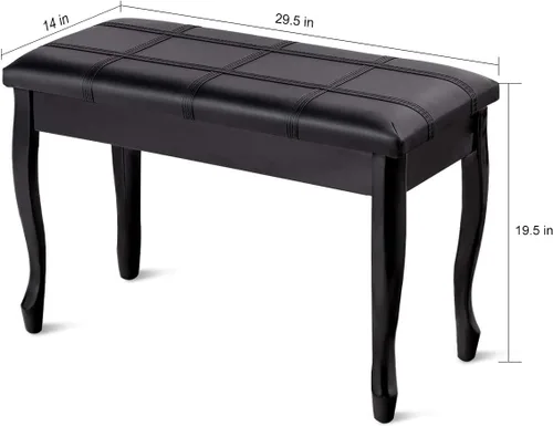 Miniatura 3 de HAPPYGRILL Banco de piano con cojín acolchado de piel sintética, cómodo taburete de asiento doble con almacenamiento y pata de madera maciza