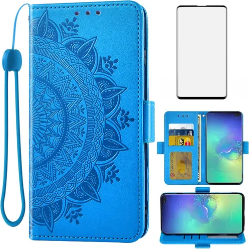 Asuwish Compatible con Samsung Galaxy S10 Plus - Funda tipo cartera de vidrio templado, protector de pantalla, tarjetero con tapa para Glaxay S10+