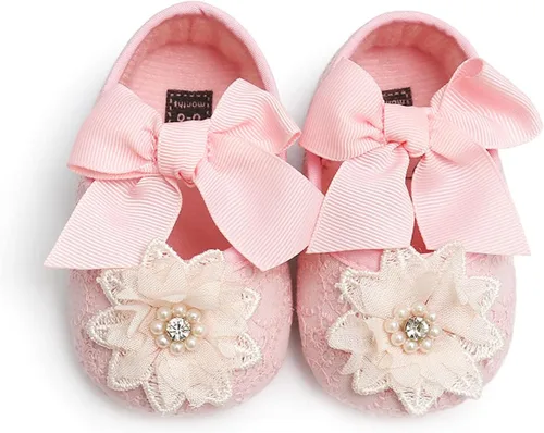 Miniatura 4 de QWZban Baby Girls Mary Jane Flats with Bowknot Flowers Soft Newborn Infant First Walkers Crib Shoes Wedding Party Christmas Dress Shoes