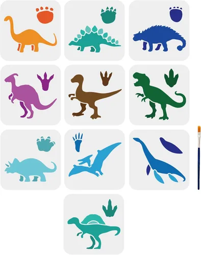 MAYJOYDIY 10 plantillas de dinosaurios de 6 x 6 pulgadas, plantillas de pintura de dinosaurios de animales con pincel de pintura Tyrannosaurus Rex