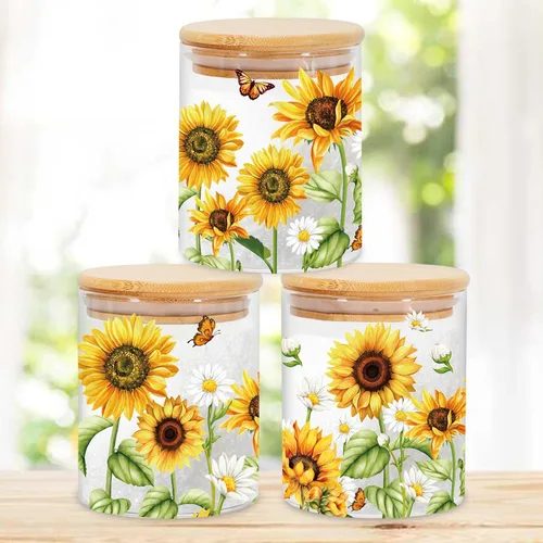 Miniatura 10 de JarThenaAMCS 3 Frascos de Almacenamiento de Vidrio Floral de Primavera con Tapa Hermética Tulipán Flor Gnomo Camión Mariposa Juegos de Recipientes