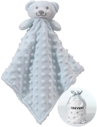 CREVENT Manta acogedora de seguridad para bebés y niños, diseño de lunares Minky frontal + respaldo de sherpa con cara de animal (oso azul)