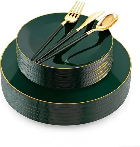 Miniatura 14 de Liacere - 150 platos de plástico plateado transparente y cubiertos desechables de plástico plateado con mango de bambú con purpurina - Platos
