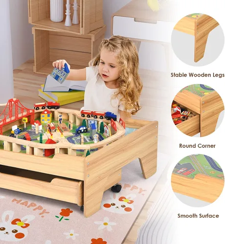 Miniatura 5 de HONEY JOY Mesa de tren, mesa de actividades de madera para niños con cajón de almacenamiento, 100 piezas multicolores, pistas, trenes, autos, juego