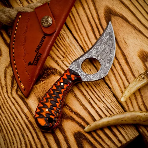 Miniatura 7 de Predator Hunter - Cuchillo de damasco hecho a mano con funda de cuero, para desollar, acampar, al aire libre, cuchillos de bushcraft EDC de hoja