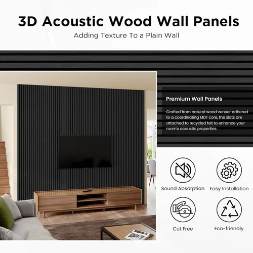 Miniatura 4 de Paneles Acústicos de Listones de Madera, 94" x 23.6" Cada Panel de Pared de Listones de Madera Insonorizante, Negro Clásico, Paquete de 2
