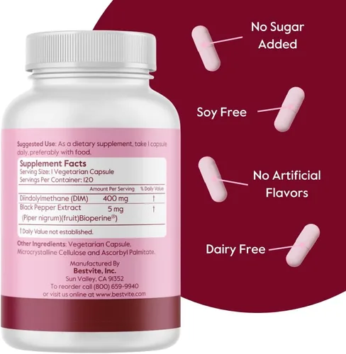 Miniatura 3 de BESTVITE DIM (diindolilmetano) 400 mg con bioperina (120 cápsulas vegetarianas) - Sin estearatos - Sin gelatina - Vegano - Sin OMG - Sin gluten