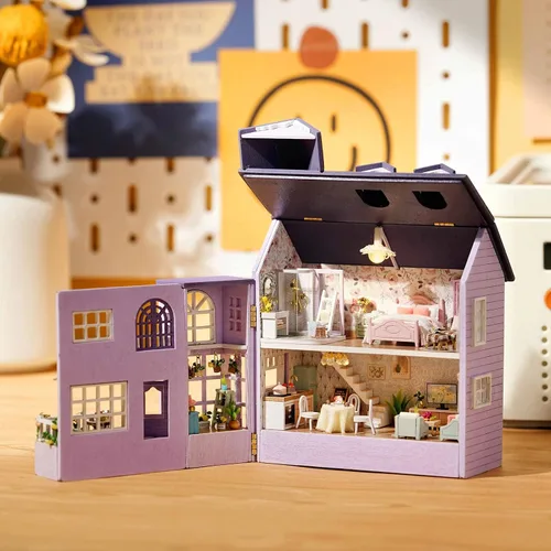 Miniatura 3 de Spilay Casa de muñecas Kit de muebles de madera en miniatura, mini casa de muñecas hecha a mano con LED, escala 1:24, juguetes creativos