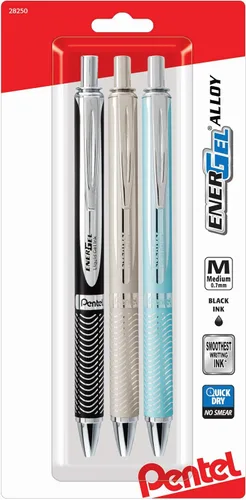 Pentel Energel 0.7mm Alloy RT Bolígrafos retráctiles de gel con tinta - Paquete de 3 - Barriles metálicos de color negro, plateado y aguamarina