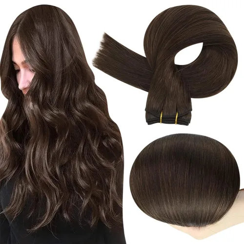 Full Shine Extensiones de cabello humano, 18 pulgadas, mechones de trama, color #2 castaño oscuro, 3.5 onzas, cabello Remy para coser, doble trama,