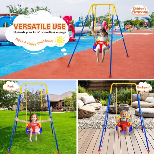 Miniatura 7 de Juego de columpios 3 en 1 para niños pequeños, columpio de bebé para interiores y exteriores, juego de columpios resistentes con soporte de metal
