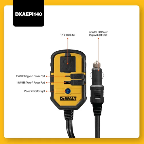 Miniatura 2 de Inversor de corriente DeWalt DXAEPI140 de 140 W con dos puertos USB: de 12 V de CC a 120 V de CA