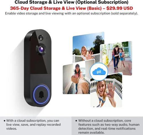 Miniatura 7 de Cámara de timbre de video inalámbrica de 1080p, vista en vivo, visión nocturna, audio bidireccional, almacenamiento en la nube, detección