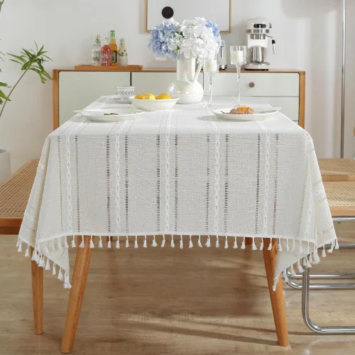 Miniatura 12 de meioro Mantel rústico, mantel rectangular de algodón texturizado de lino con borla, mantel de tela resistente para granja con bordado de rayas