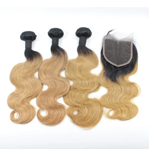 1B/27 rubio ombre brasileño virgen paquetes con cierres 4pcs lote cuerpo onda 12 con 10 pulgadas ombre encaje cierre con teje pelo