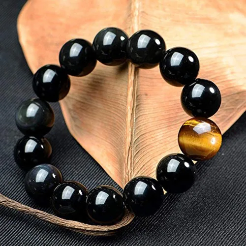Miniatura 4 de SX Commerce Pulsera de obsidiana natural negra de piedra natural de 0.394in o 0.472in con un ojo de tigre único, buen regalo para hombres y mujeres
