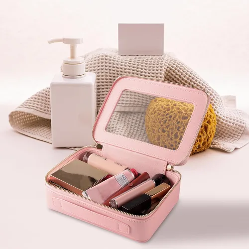 Miniatura 7 de Aveniee Organizador de bolsa de maquillaje transparente, bolsa de aseo de viaje para mujer, bolsa de cosméticos impermeable con cremalleras, Rosa