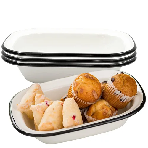 TableCraft 80013 Colección Enamelware - Bandeja para servir, blanca con borde negro, porcelana sobre acero, del horno a la mesa, camping, casa de