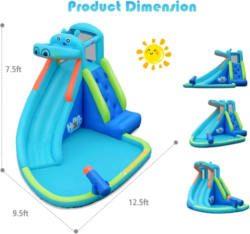 Miniatura 3 de BOUNTECH - Tobogán acuático inflable, parque de toboganes acuáticos con temática de hipopótamo para niños y adultos, diversión al aire libre