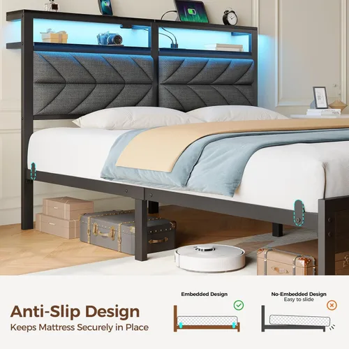 Miniatura 3 de Seventable Base de cama tamaño Queen con estación de carga, cama LED con cabecera de almacenamiento tapizada, cama de plataforma de metal con Gris