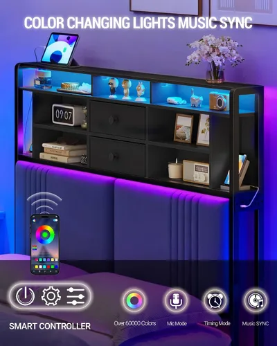 Miniatura 3 de Hzuaneri - Cabecera con 3 estantes de almacenamiento, cabecera tapizada en terciopelo con toma de corriente, 2 puertos USB y luz LED, cabeceras