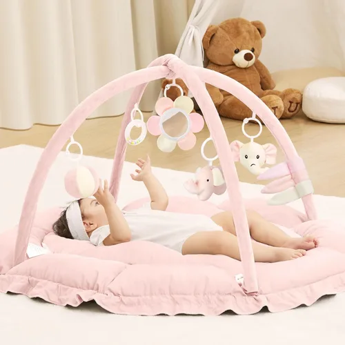 ANGELBLISS Gimnasio de juego para bebé de 5 en 1, tapete reversible para tiempo de barriga con 5 juguetes sensoriales para el desarrollo basado en