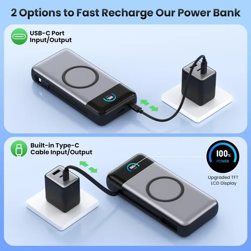 Miniatura 5 de Cargador portátil inalámbrico de 40,800 mAh con cables integrados, carga inalámbrica de 15 W, 25 W, PD QC4.0, cargador de batería externa USB-C