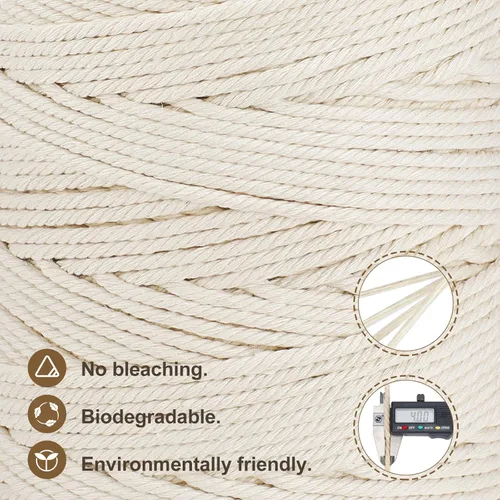 Miniatura 3 de Cordón de macramé de 0.157 in x 328 yardas Cuerda de macramé 100% algodón natural Cuerda de algodón trenzado de 4 hebras para manualidades, Caqui