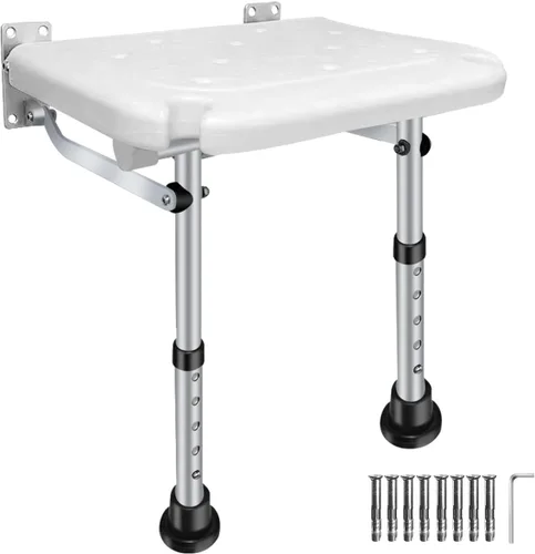 Asiento de ducha plegable, altura ajustable, taburete de seguridad de baño montado en la pared con patas de apoyo antideslizantes y ranura para