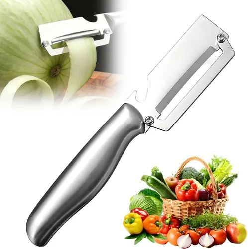 Miniatura 12 de Pelador de verduras multifuncional para cocina, pelador de verduras 2026 con mango de madera y abridor de botellas, herramienta de cocina de acero