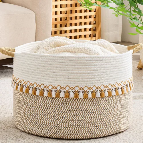 Miniatura 13 de KAKAMAY Cesta grande para manta (20 x 13 pulgadas), cestas tejidas para almacenamiento de ropa sucia de bebé, canasta de manta de cuerda de algodón