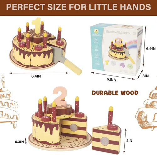 Miniatura 3 de Comida de juego de simulación para niños pequeños de 2 a 5 años, pastel falso de cumpleaños de madera con velas y números, fiesta de té, juguetes