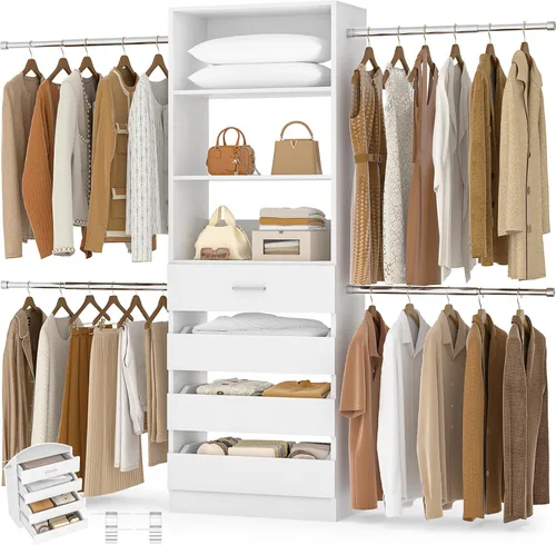 Aheaplus - Sistema de armario, 4 a 9 pies, organizador de armario con 4 cajones de madera, sistema de organizador de armario de madera con torre,