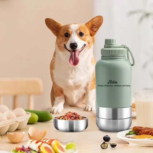 Comedero para mascotas de viaje, dispensador de botellas de agua y alimentos 3 en 1 (salvia)