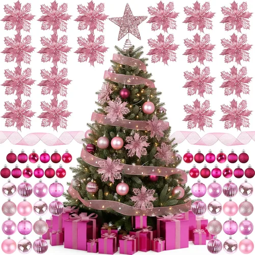 Miniatura 10 de Skylety Juego de 104 piezas de decoraciones para árbol de Navidad, adorno colgante azul de Navidad, bolas para árbol, estrella para la punta, flor
