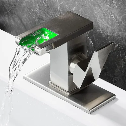Grifo de baño en cascada, cascada de grifo LED, níquel cepillado de un solo agujero, grifo de lavabo de baño en cascada, grifo de baño con luz LED