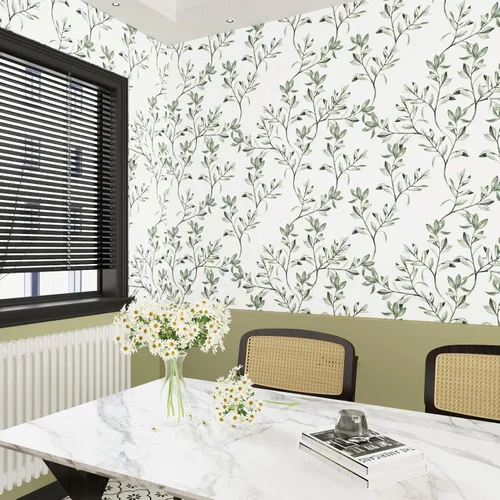 Miniatura 4 de Wallercity Papel tapiz de hojas verdes y blancas, papel tapiz floral para gabinete, papel de contacto de hojas verdes, papel de contacto bohemio
