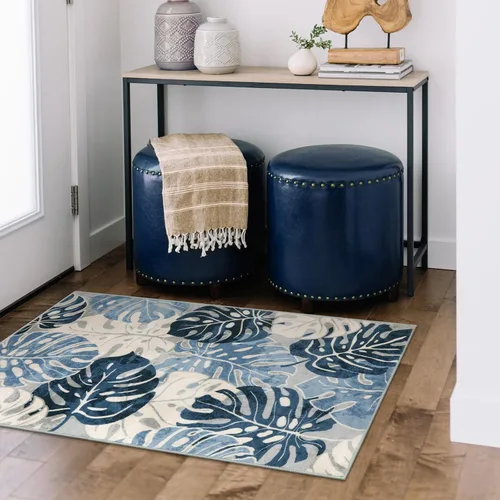 Miniatura 5 de Wonnitar Leaf - Alfombra de cocina de 2x3 pies, alfombra azul pequeña para baño, alfombra decorativa lavable para mesita de noche, planta