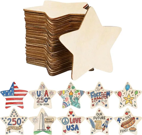 IMIKEYA 50 piezas de estrellas de madera sin terminar: recortes de estrellas de madera natural para niños, pintura DIY, chips de madera, recortes en