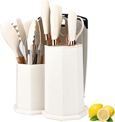 Juego de utensilios de cocina y cuchillos de cocina con bloque de soporte, juego de 19 piezas de corte para cocineros, 11 utensilios de cocina de