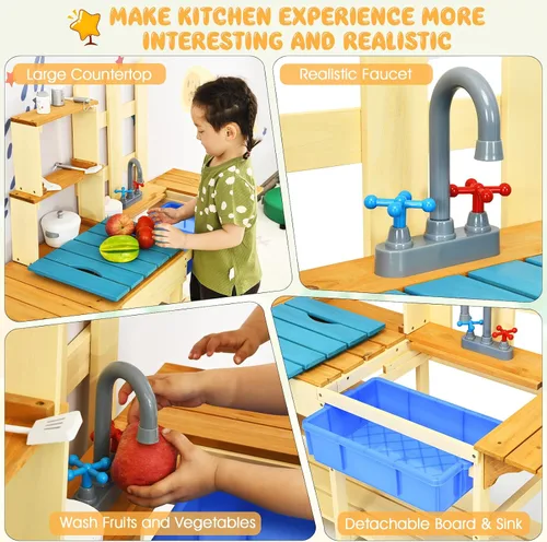 Miniatura 3 de HONEY JOY Juego de cocina de barro para niños, para interiores y exteriores, juguete de simulación de madera con fregadero extraíble, grifo