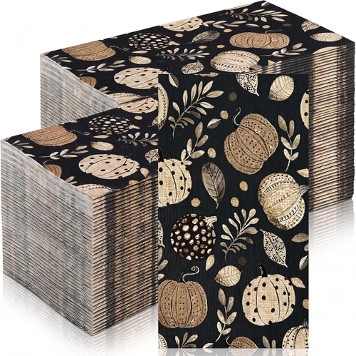Geyoga 200 servilletas decorativas de papel desechables para otoño, Día de Acción de Gracias, calabazas negras y doradas, toallas de papel para