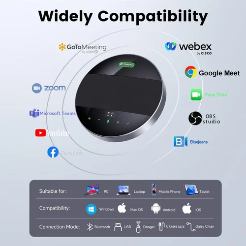 Miniatura 9 de TONGVEO Altavoz y micrófono de conferencia 2 en 1, altavoz inalámbrico Bluetooth Daisy Chain con micrófonos omnidireccionales de 360° conexión
