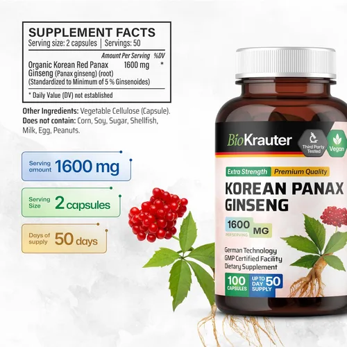 Miniatura 3 de BIO KRAUTER® Suplemento de ginseng para energía, concentración, rendimiento y apoyo inmunológico, ginseng rojo coreano vegano puro, 1600 mg por