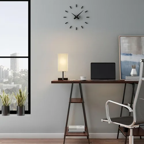 Miniatura 6 de Lavish Home Juego de lámpara de mesa pequeña con base de madera, juego de 2 luces rectangulares modernas con bombilla LED que incluye decoración