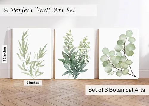 Miniatura 5 de Induslyfe Arte de pared en lienzo enmarcado de plantas botánicas de eucalipto verde salvia, juego de 6, impresiones de arte de pared de naturaleza