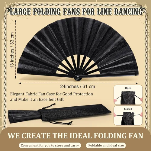 Miniatura 4 de Blulu Abanicos grandes con purpurina negra plegable para rave, abanico de mano de seda para baile de línea, chino, hacer sonidos para mujeres, Negro
