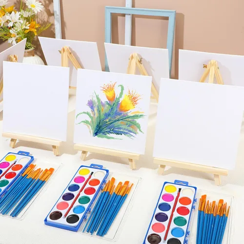 Miniatura 5 de Crtiin Juego de 10 tableros de lienzo con caballete para pintar, incluye 10 caballetes de madera, 10 lienzos, 10 piezas de pintura de acuarela y 100