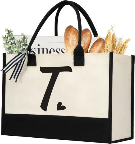 Miniatura 33 de shenee - Bolsa de lona con inicial, bolsa de yute personalizada para la playa, regalo de vacaciones para mujeres, cumpleaños de amigos, boda, año